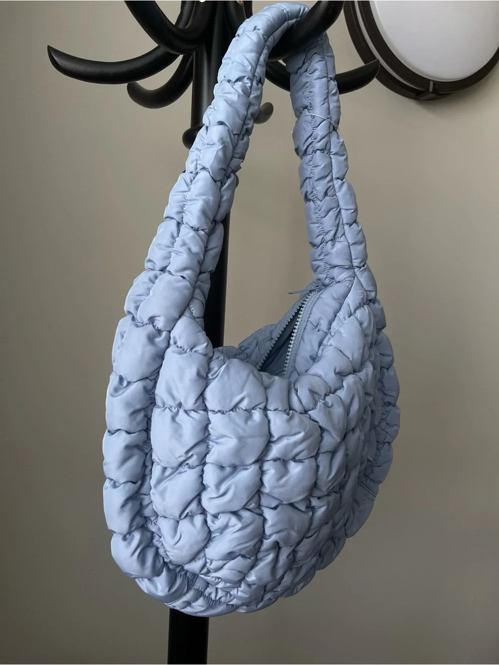 NEW COS Mini Quilted Pillowy Textured W/Curve Hobo Silhouette Bag in Light Blue